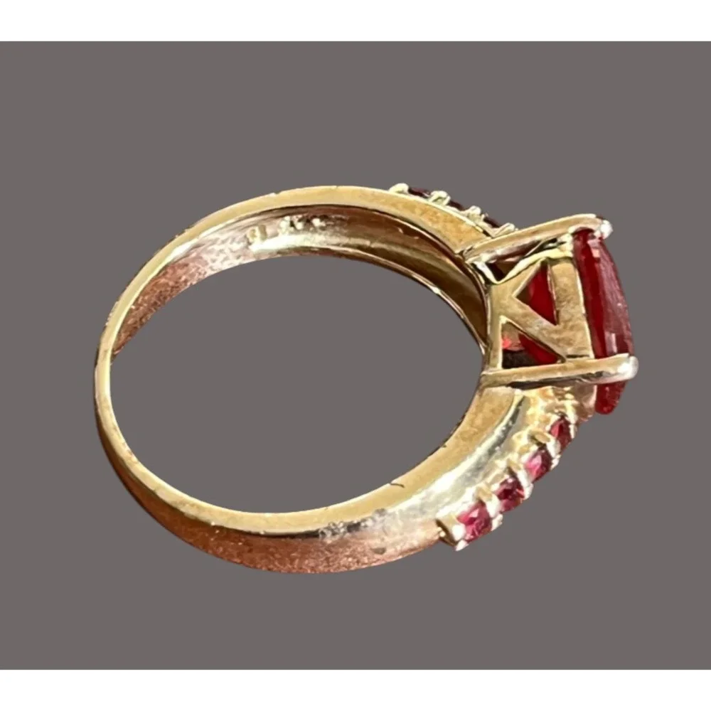 14K GOLD PLATED Sterling Silver Ring LAB CREATED RUBY Trillion w/Side Stones 8